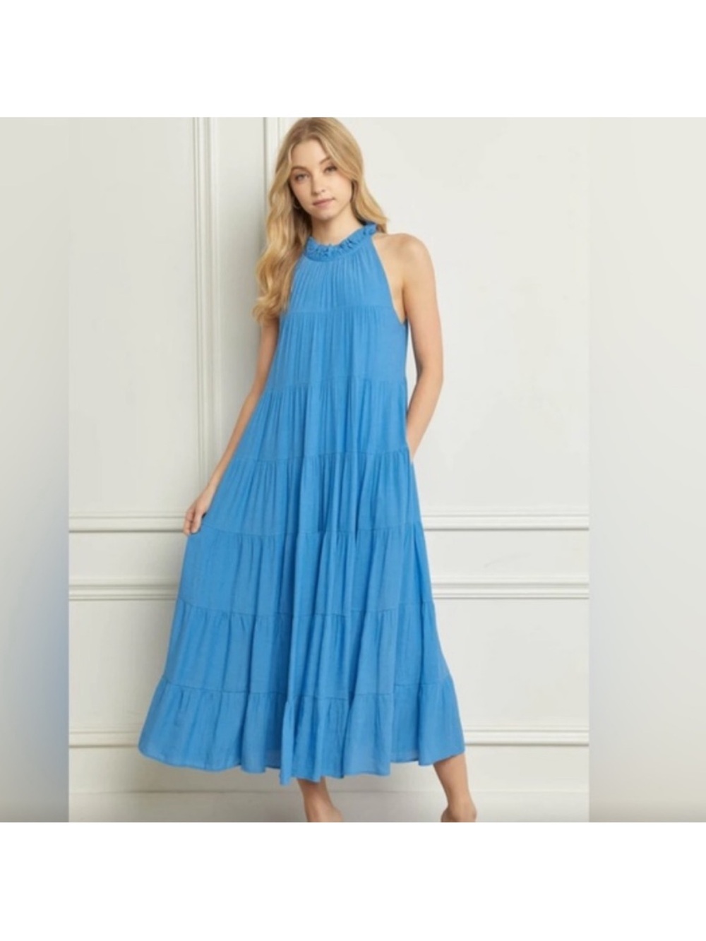 entro Blue Halter Tiered Maxi Dress